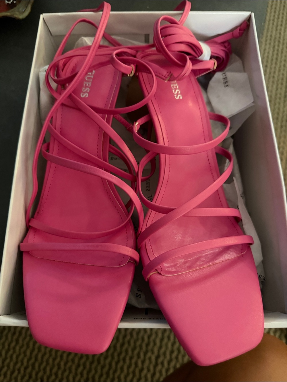 GUESS Hot Pink Strappy Square-Toe Heeled Sandals